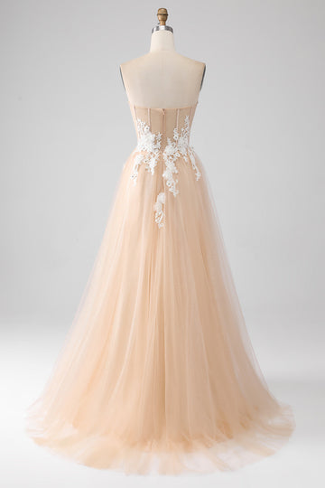 A-Line Champagne senza spalline Corsetto vestito da ballo con applicazioni